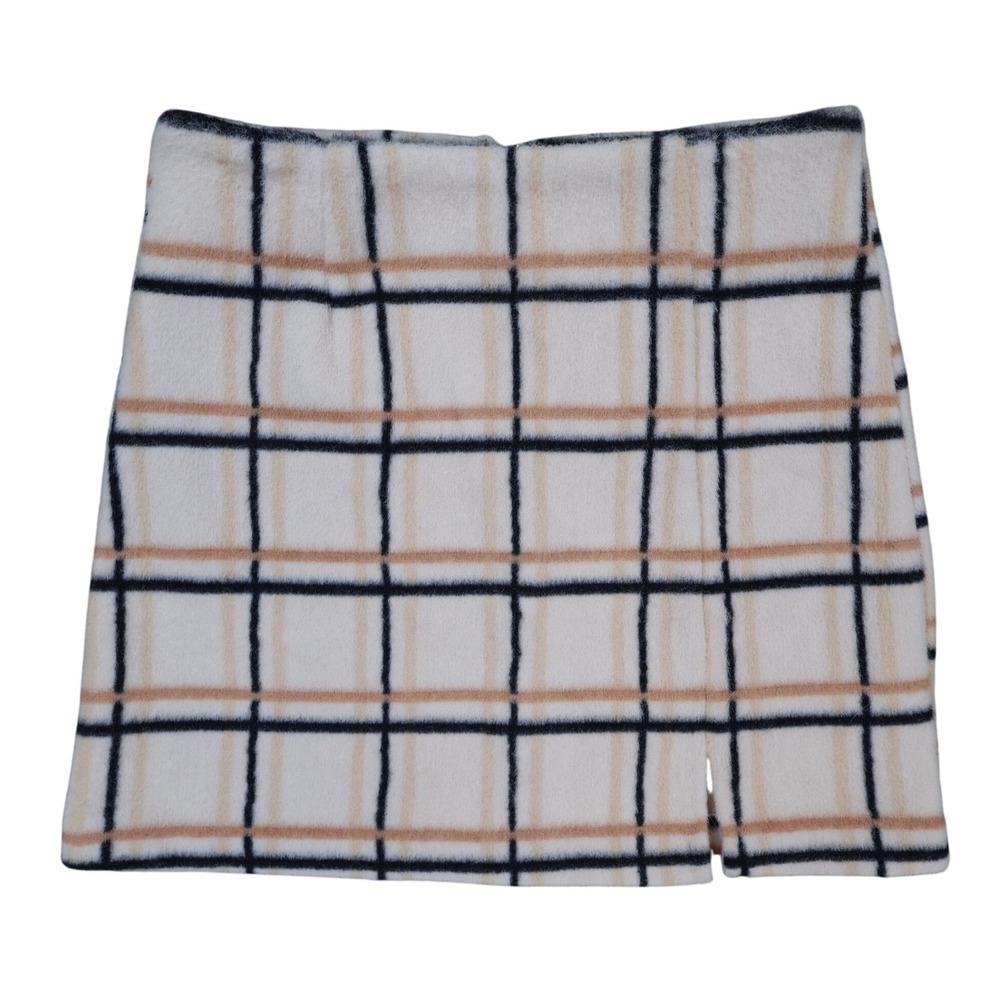 Potter's Pot Mini Skirt Womens S Cream Plaid Polyester Faux Wool Slit Preppy